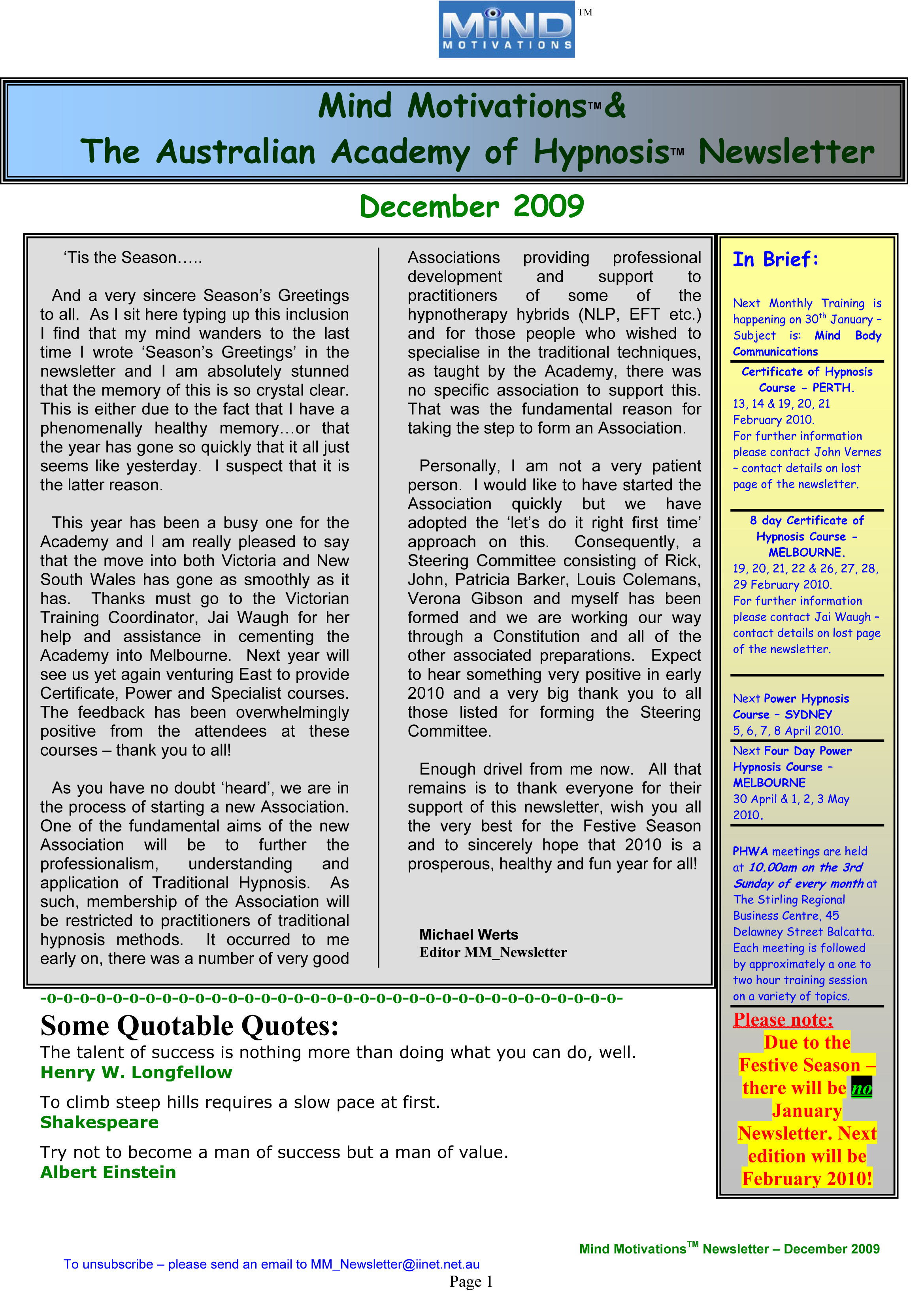 December 2009 Newsletter